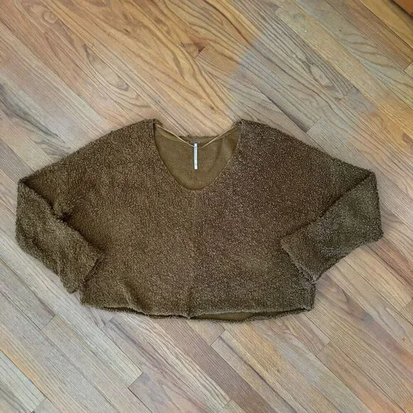 Free People Womens Cognac Brown Oversized Crop Fuzzy Popcorn Knit Sweater Medium - Picture 3 of 11